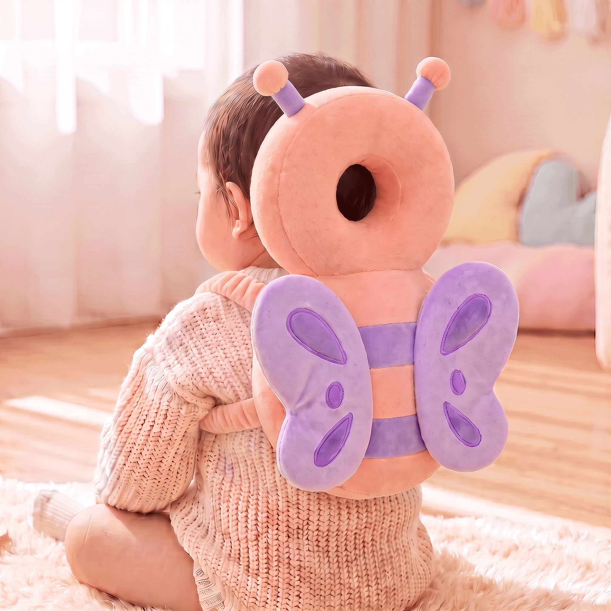 Baby Head Guard Backpack - Velvet Butterfly SafePals lifestyle photo, refined velvet straps